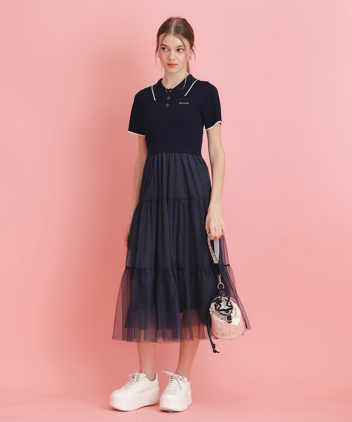 REDYAZEL「ポロニットチュールティアードドッキングロングワンピース」|ワンピース|