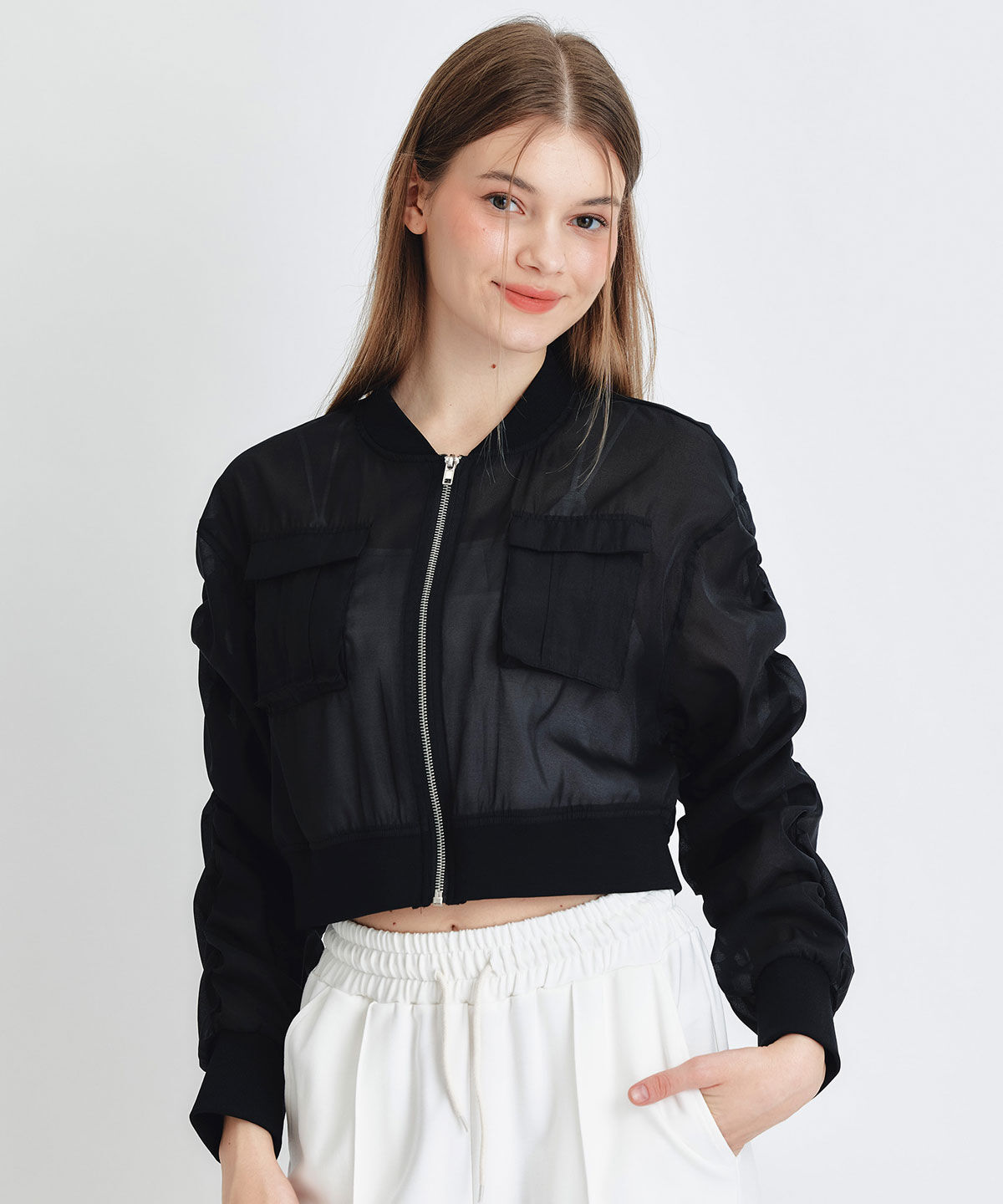 REDYAZEL「ギャザーシアーショートブルゾン」|ブルゾン・スタジャン|ブラック