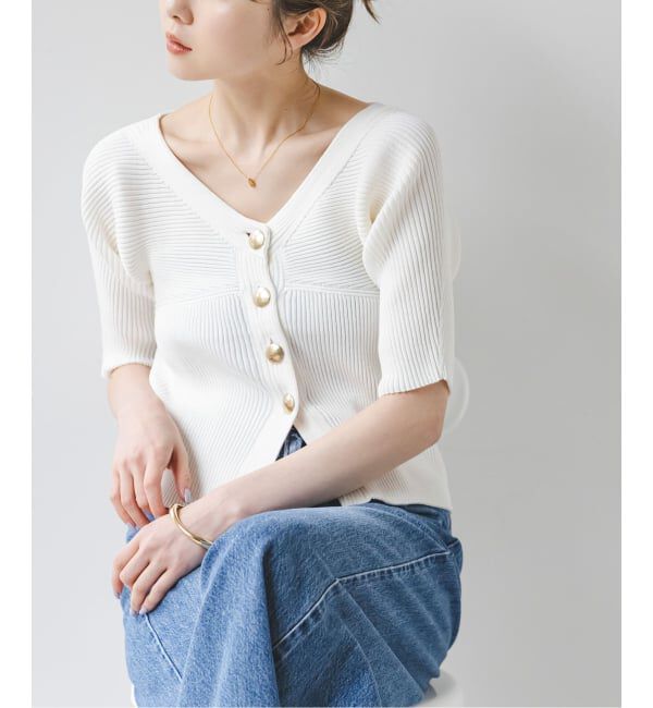 NOBLE「ゴールドボタンVネックリブニット」|カーディガン|
