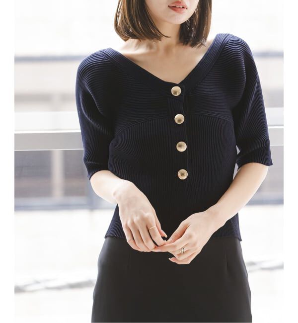 NOBLE「ゴールドボタンVネックリブニット」|カーディガン|