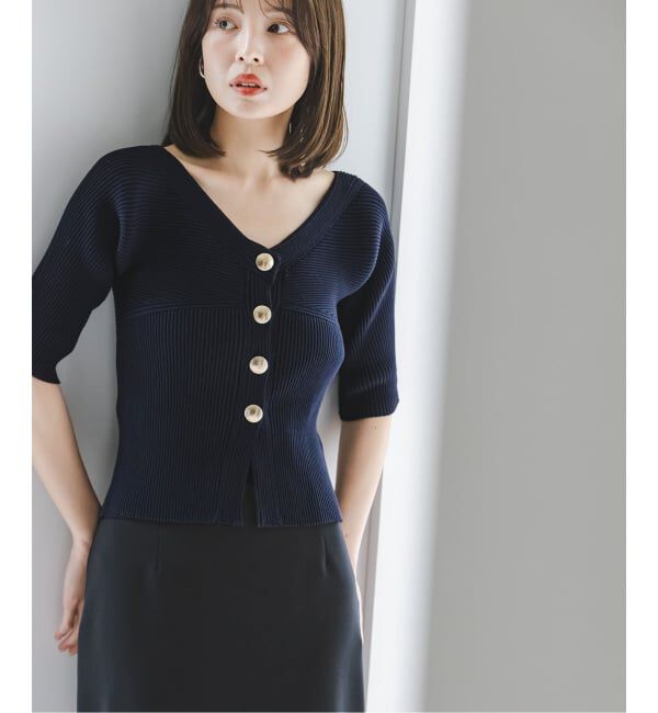 NOBLE「ゴールドボタンVネックリブニット」|カーディガン|
