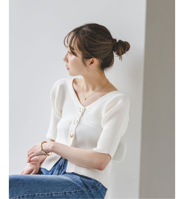 NOBLE「ゴールドボタンVネックリブニット」|カーディガン|