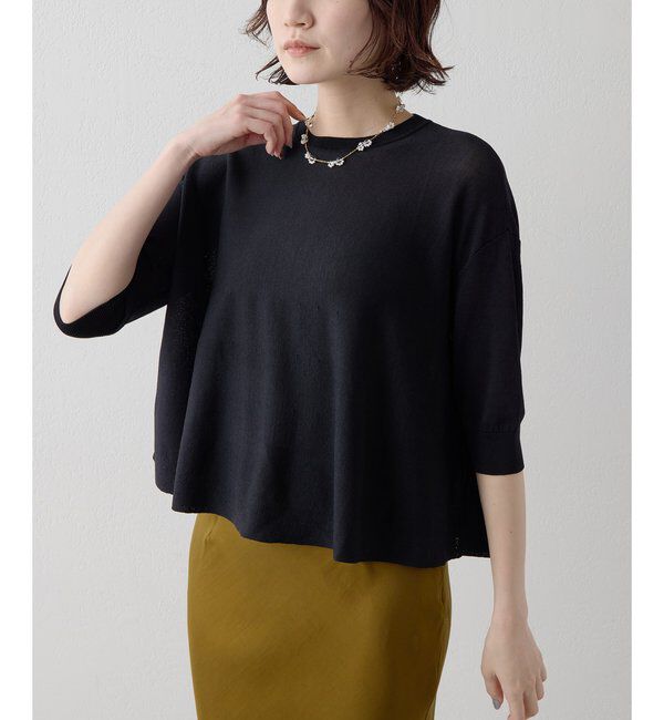 Drawing Numbers「【Drawing Numbers】クルーハーフスリーブ裾ラウンドニット」|ニット・セーター|ブラック