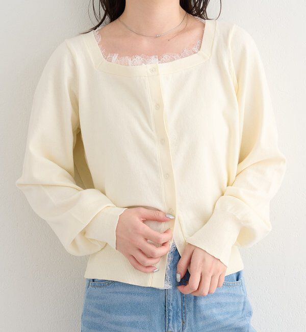  「【4色展開】B レーススクエアネックカーディガン」|その他|アイボリー