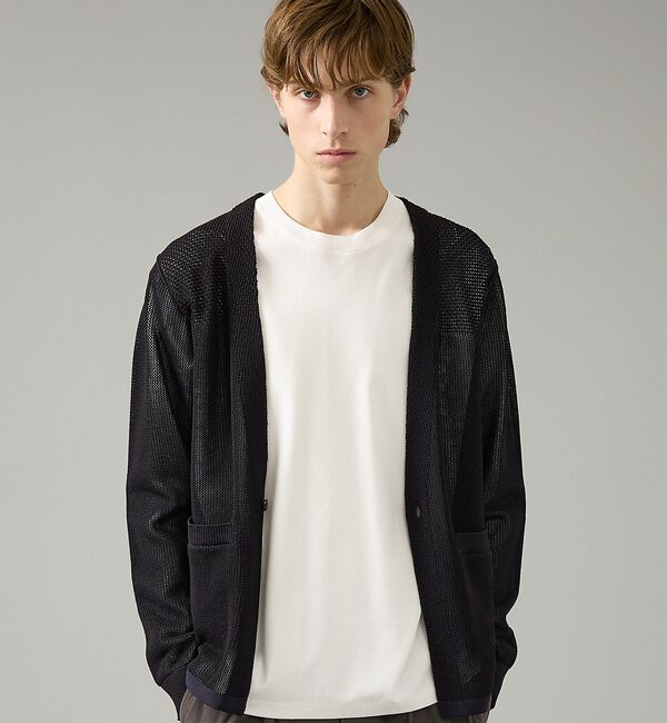 ABAHOUSE「2トーン シアーメッシュ 1ボタン カーディガン」|カーディガン|