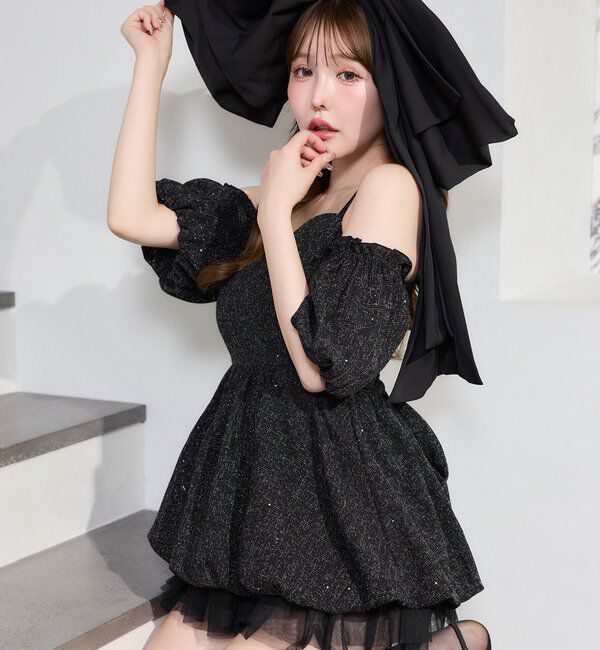  「【Black Ribbon Collection】異素材バルーンミニワンピース」|ワンピース|