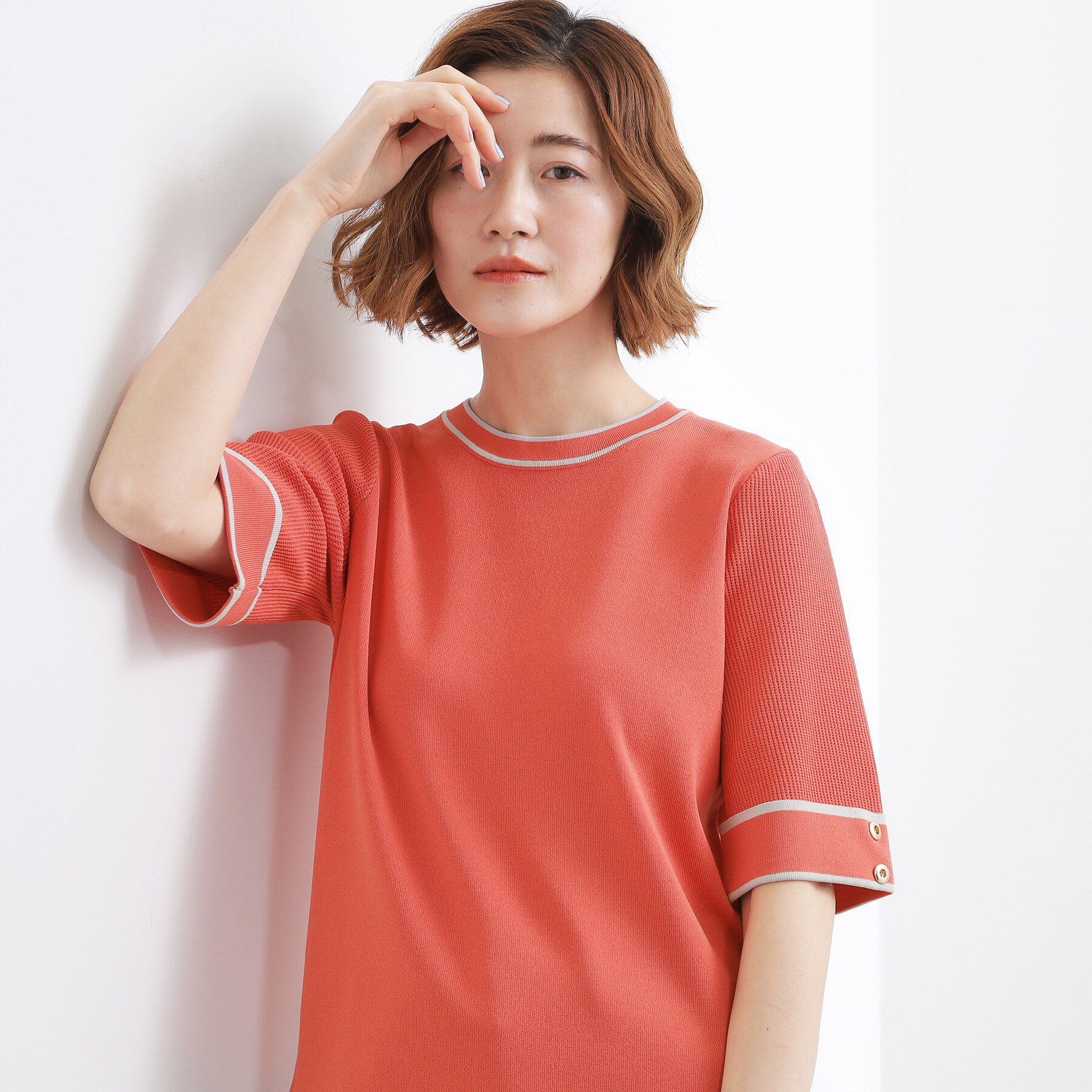 grove「【貴島明日香さん着用】やわらかドライタッチ 袖メッシュ編みニット」|ニット・セーター|