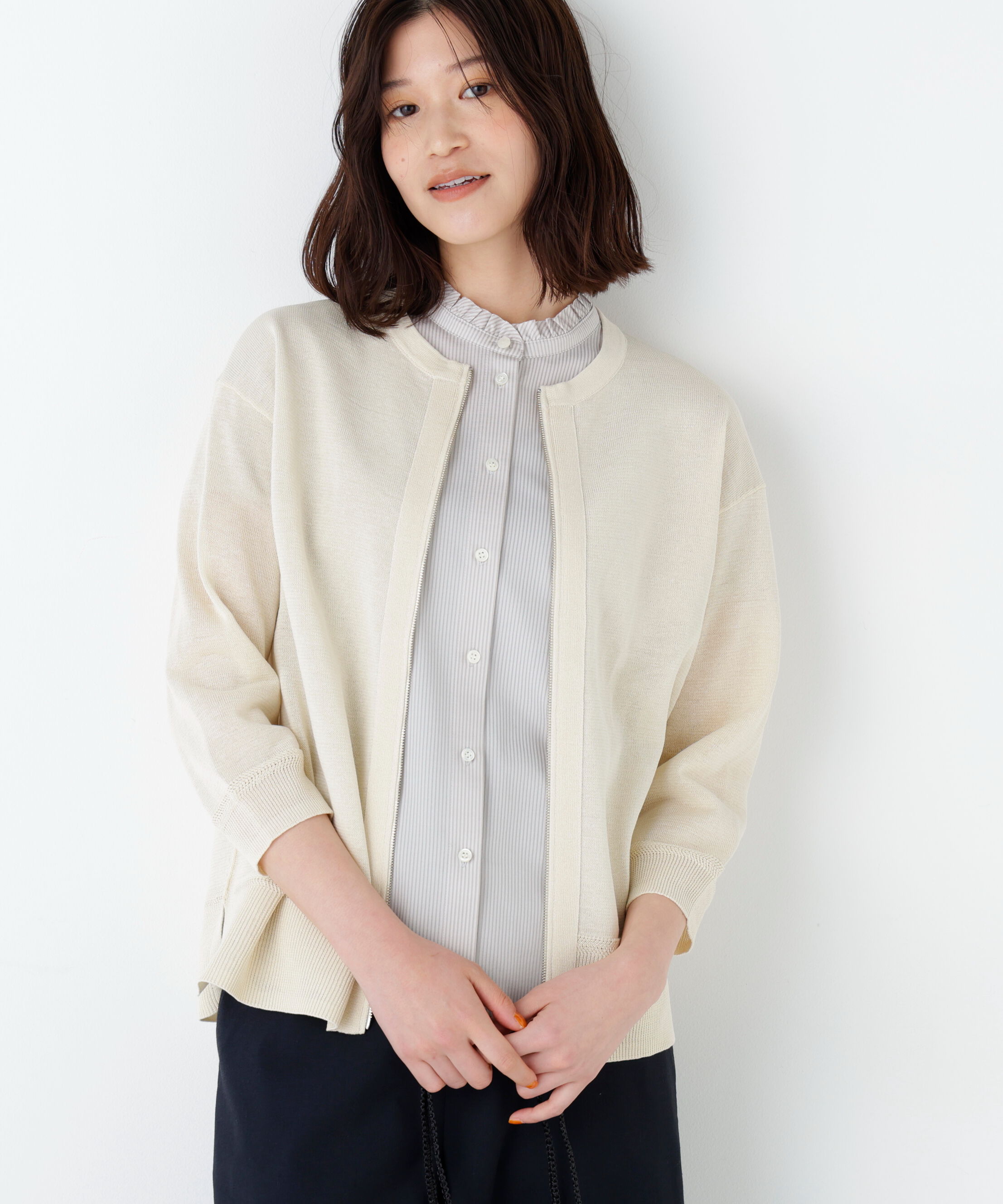  「ハイゲージギマ　ジップアップクルーカーディガン」|ニット・セーター|