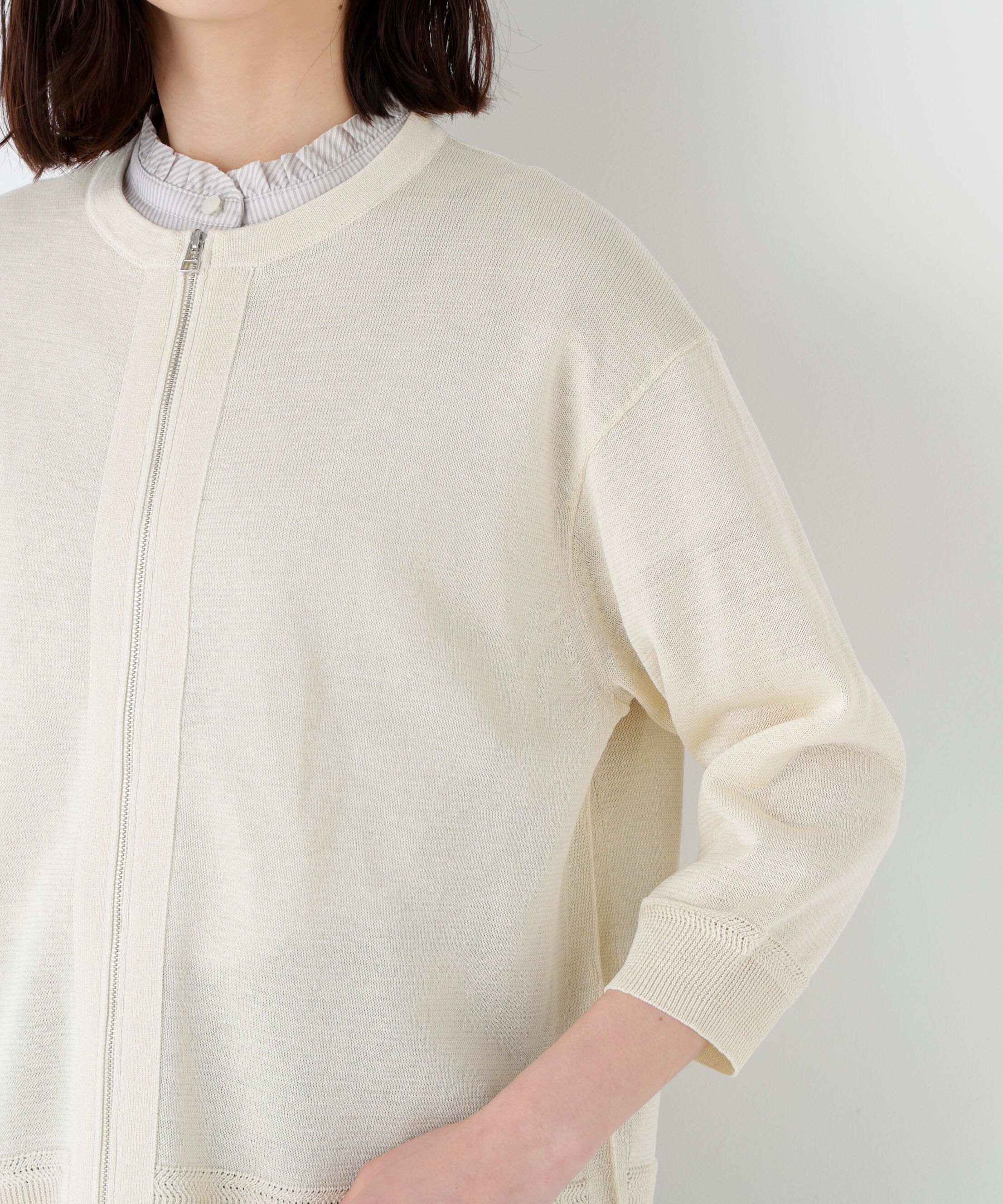  「ハイゲージギマ　ジップアップクルーカーディガン」|ニット・セーター|