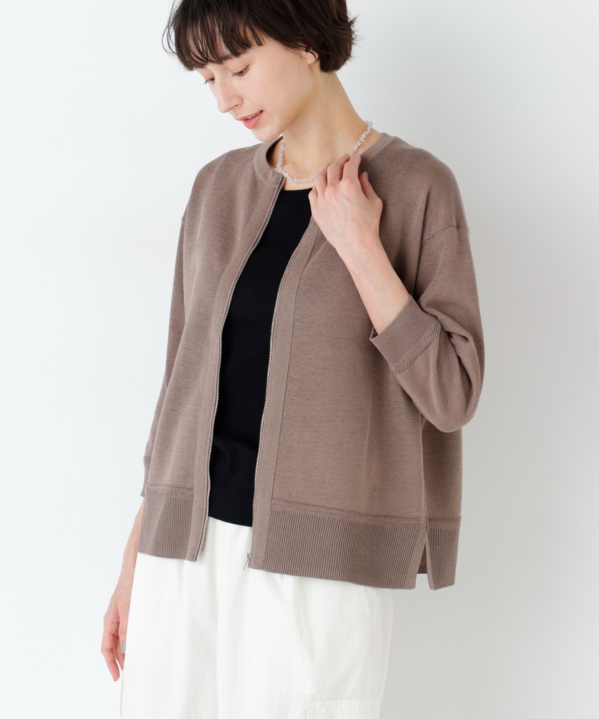  「ハイゲージギマ　ジップアップクルーカーディガン」|ニット・セーター|モカ1