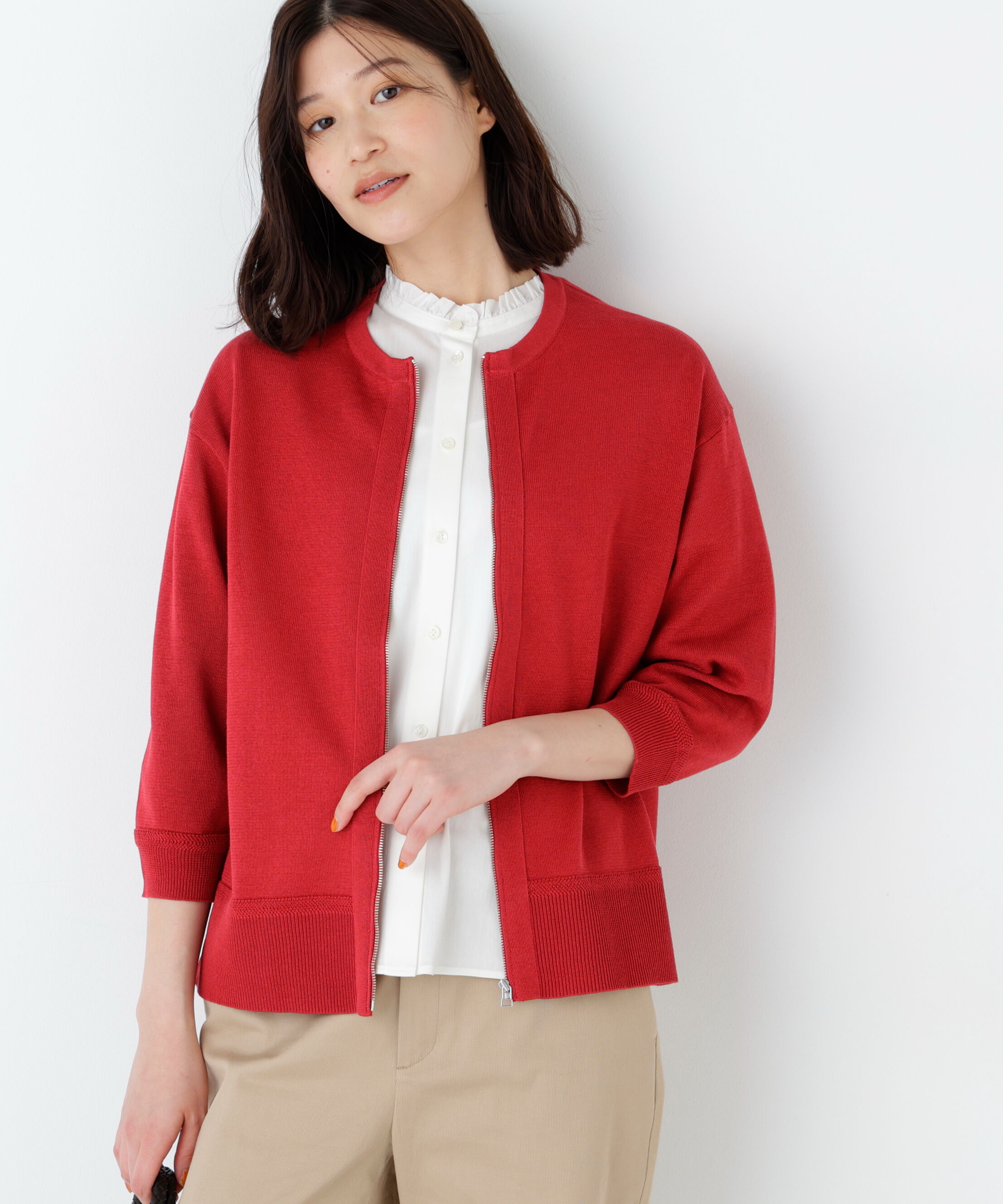  「ハイゲージギマ　ジップアップクルーカーディガン」|ニット・セーター|レッド