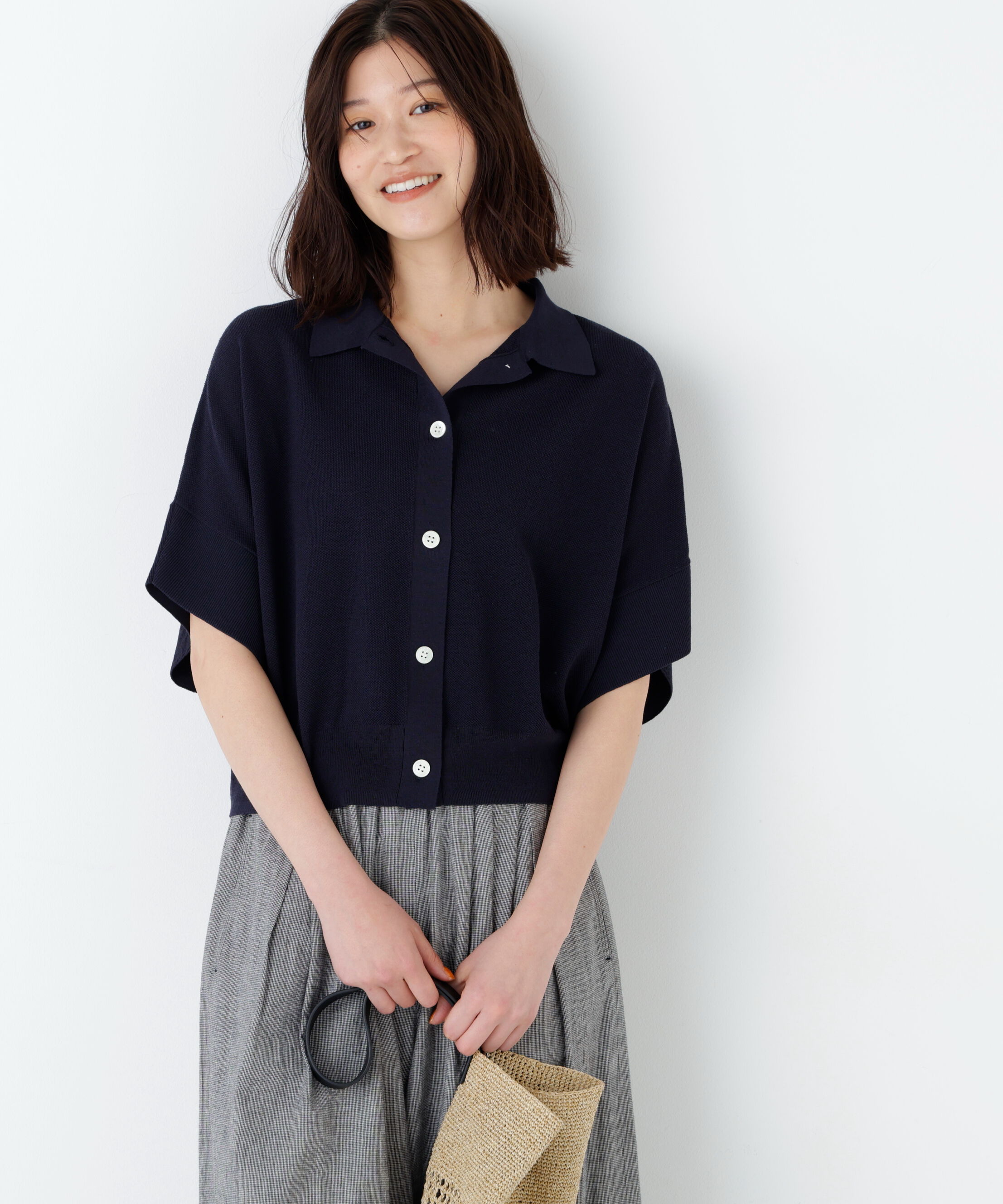  「麻混ワッフル柄ポロカーディガン」|ニット・セーター|