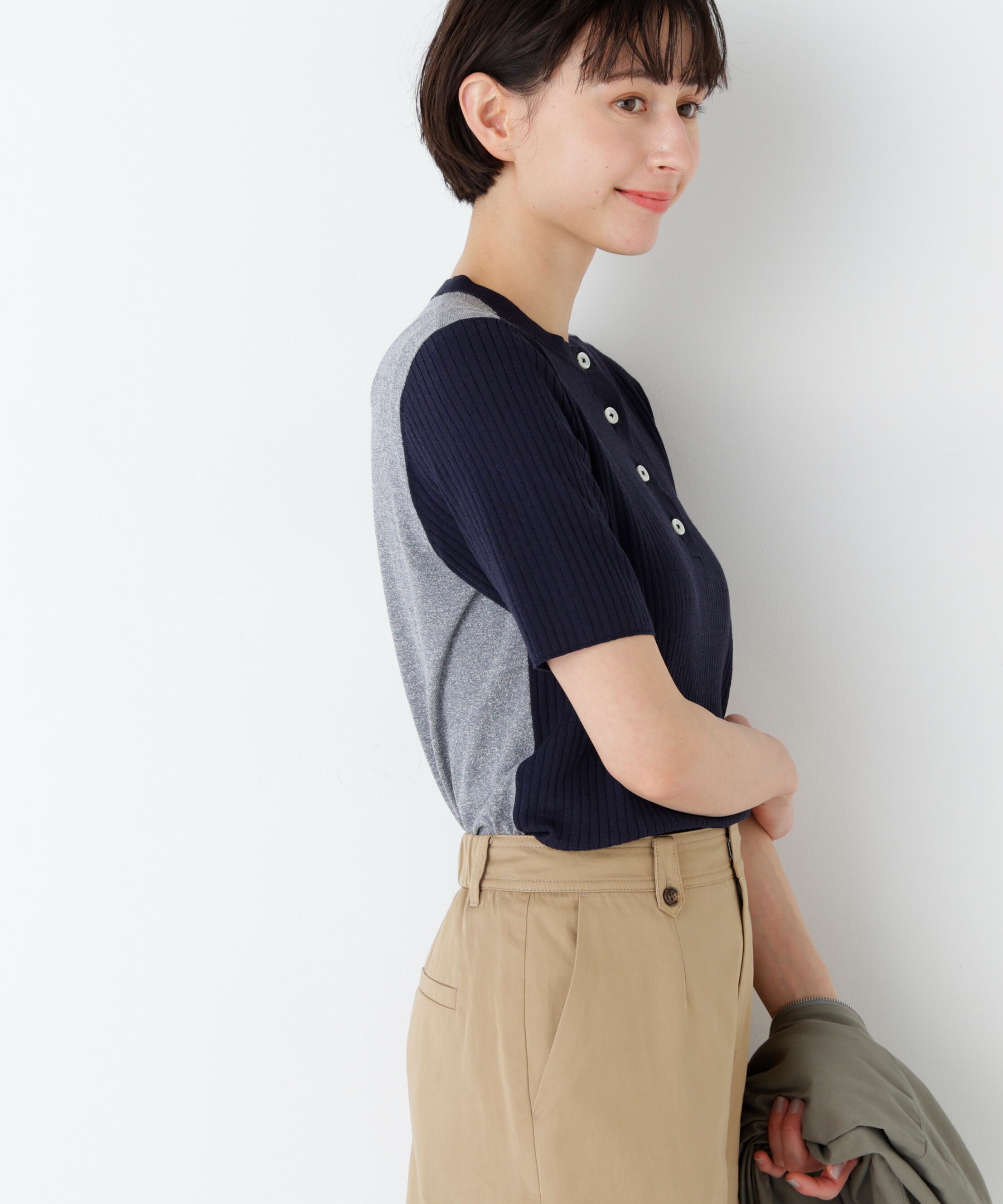  「麻混バイカラーヘンリーネックプルオーバー」|ニット・セーター|