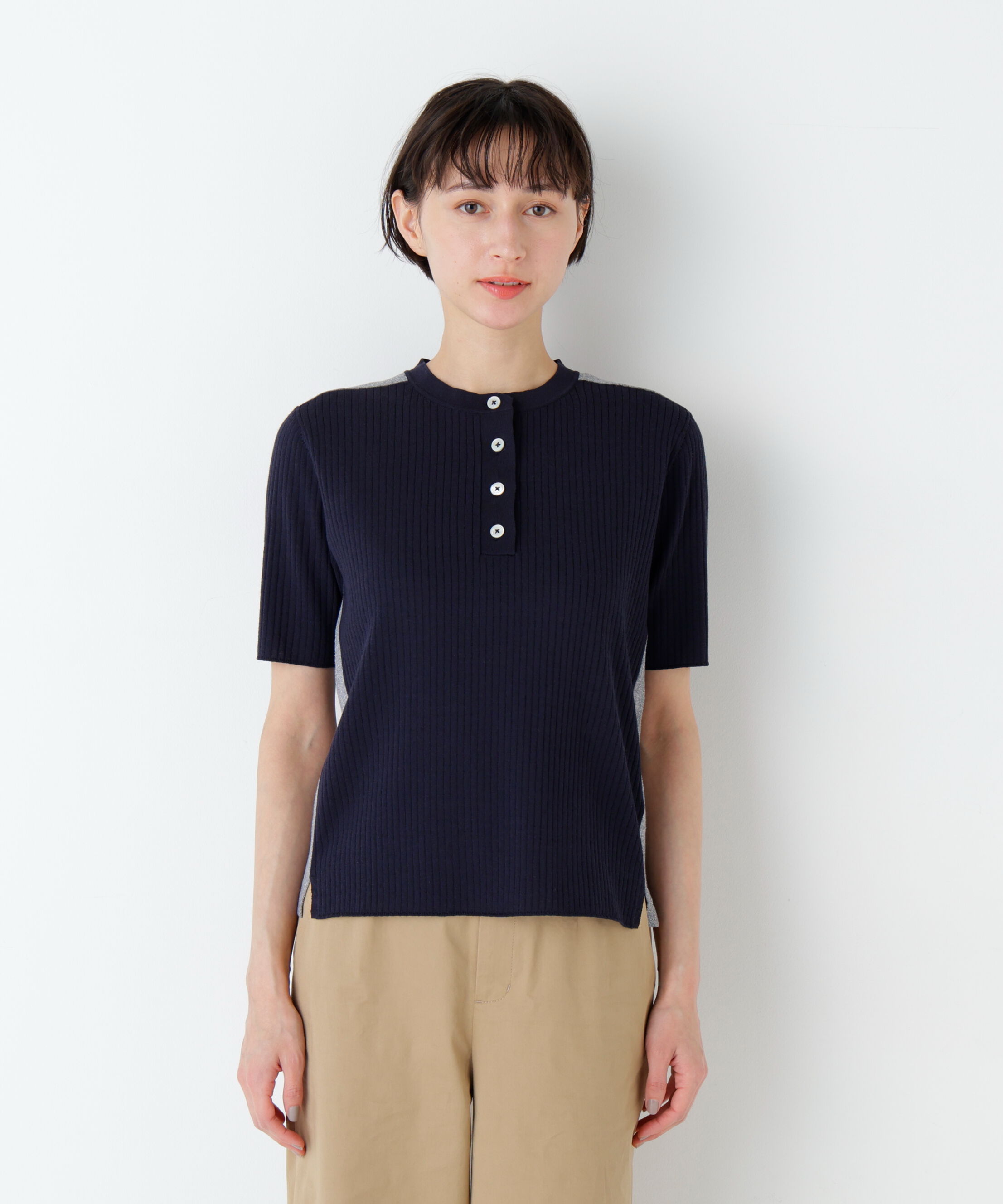  「麻混バイカラーヘンリーネックプルオーバー」|ニット・セーター|