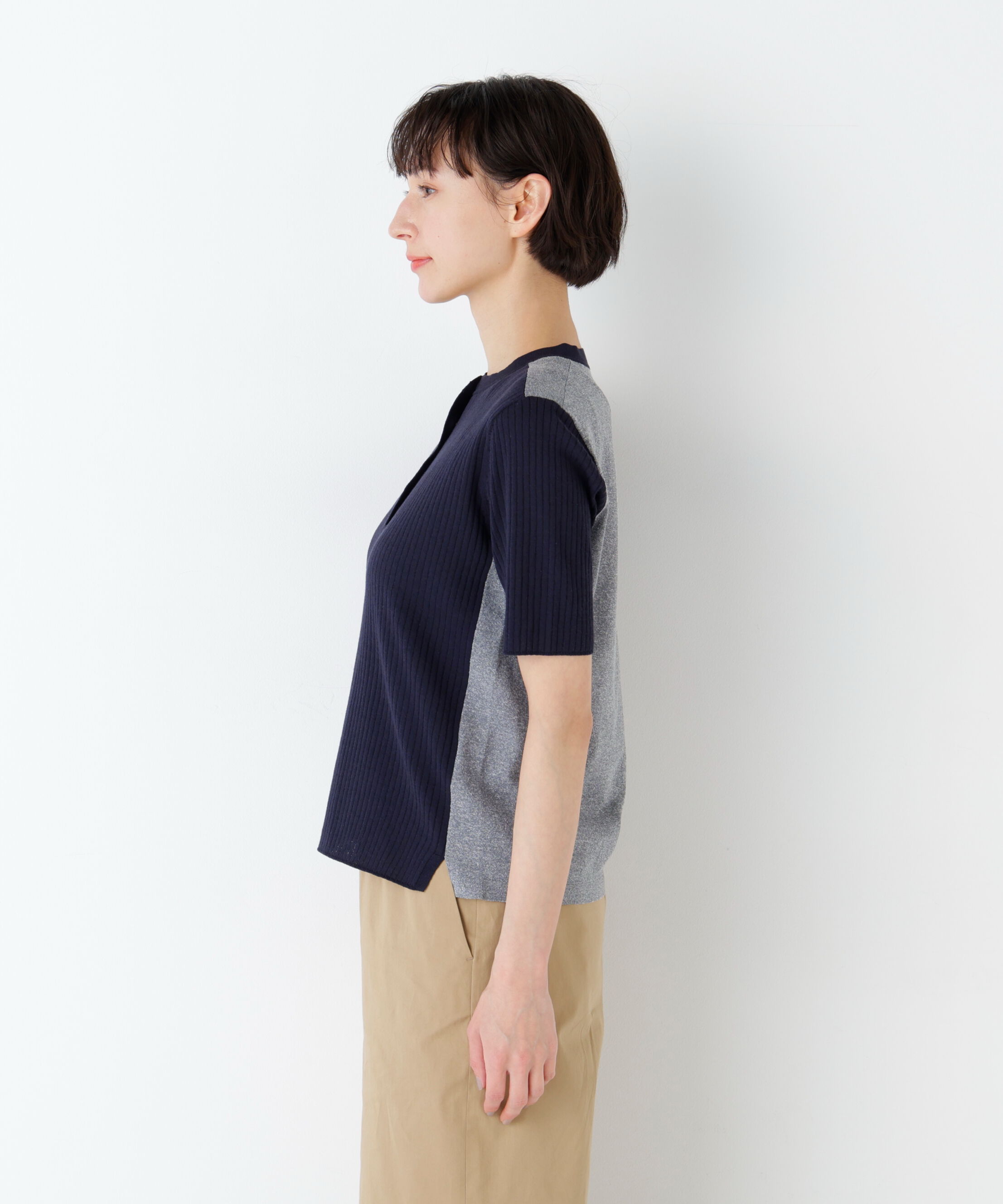  「麻混バイカラーヘンリーネックプルオーバー」|ニット・セーター|