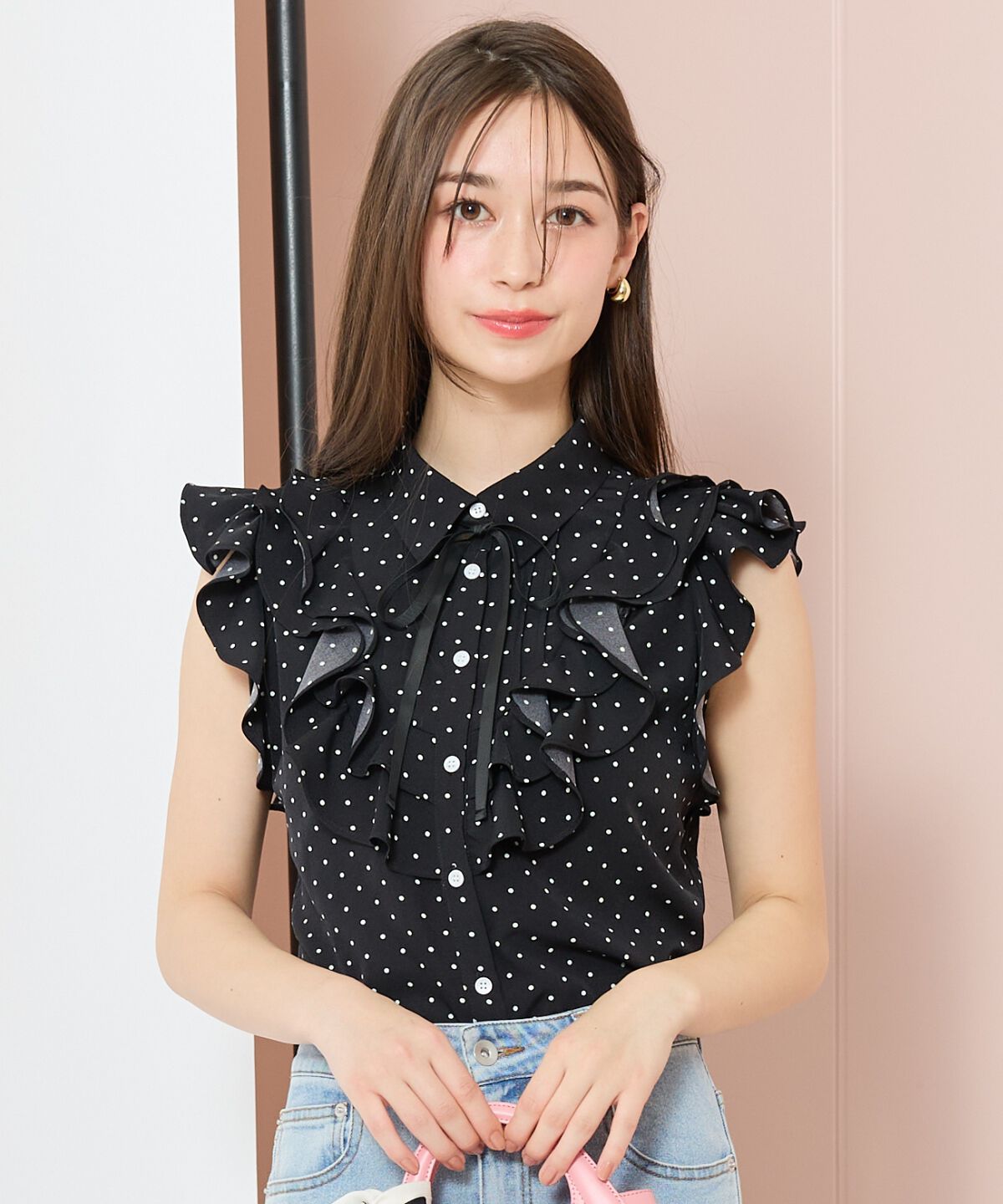 WILLSELECTION「ラッフルフリルノースリーブブラウス」|シャツ・ブラウス|black/borderｽﾄﾗｲﾌﾟ