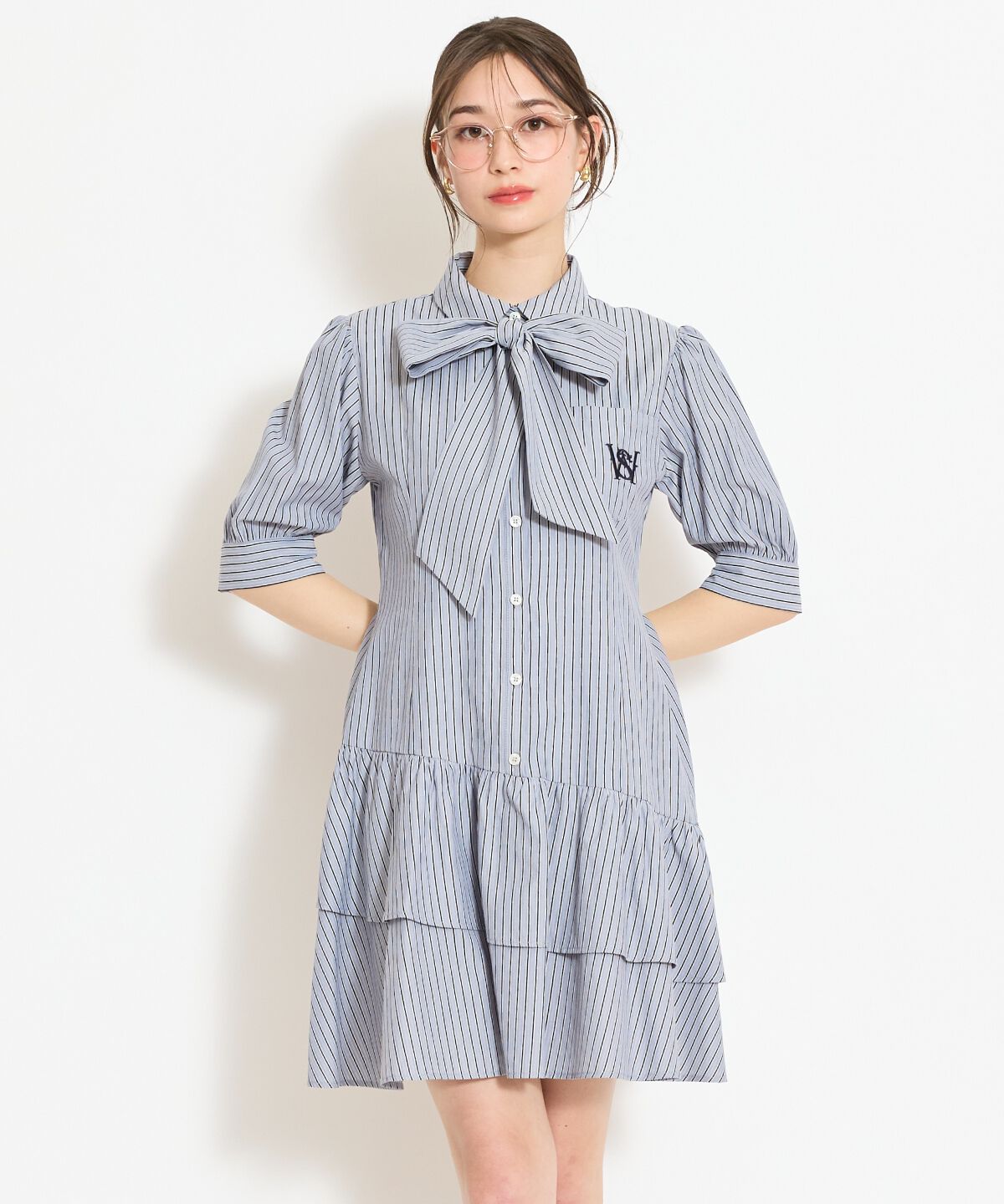 WILLSELECTION「ティアードフリルリボンタイシャツワンピース」|ワンピース|Navy/borderｽﾄﾗｲﾌﾟ