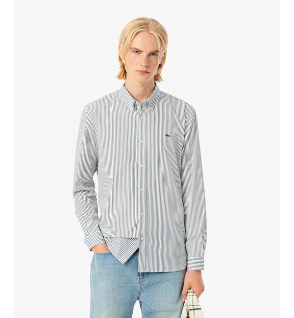 LACOSTE「ベーシックストライプボタンダウンシャツ」|シャツ・ブラウス|ホワイト&times;グリーン