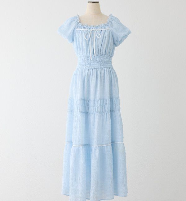  「ウエストシャーリングリボンロングワンピース」|ワンピース|サックスブルー