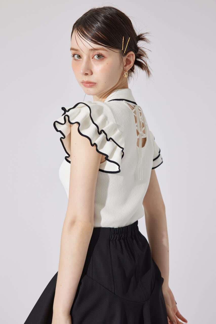 rienda「ハーフジップフリルショルダーニットトップス」|ニット・セーター|