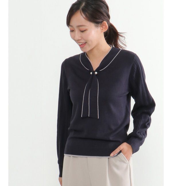 IKKA LOUNGE「ボウタイ袖プリーツニット」|プルオーバー|ネイビー