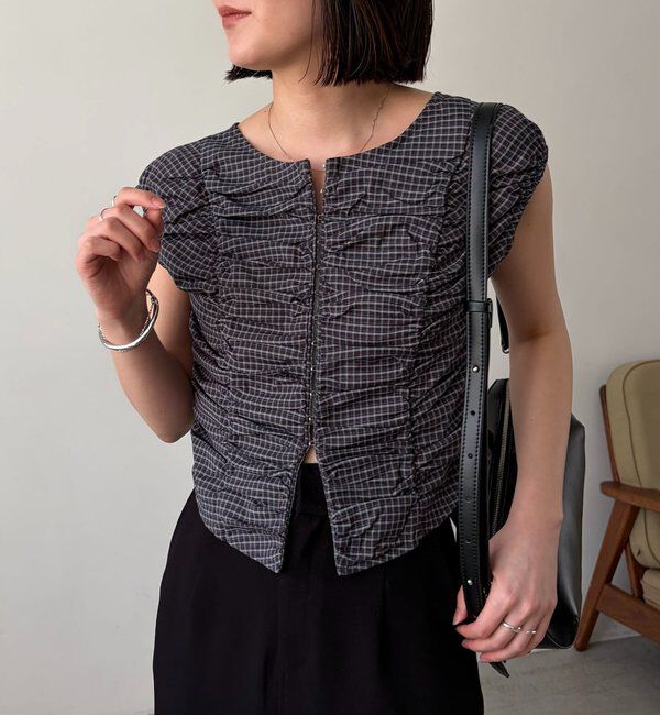  「【洗濯可/着やせ効果◎】チェックギャザーブラウス」|シャツ・ブラウス|