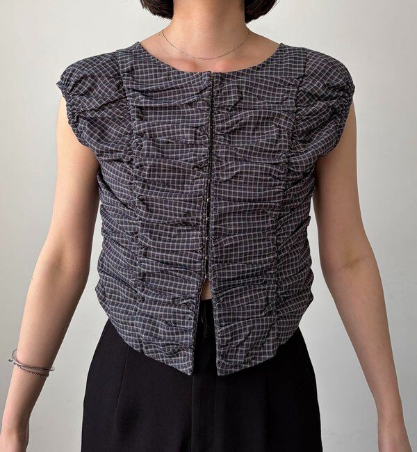  「【洗濯可/着やせ効果◎】チェックギャザーブラウス」|シャツ・ブラウス|