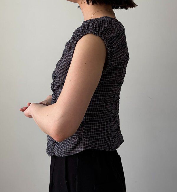  「【洗濯可/着やせ効果◎】チェックギャザーブラウス」|シャツ・ブラウス|