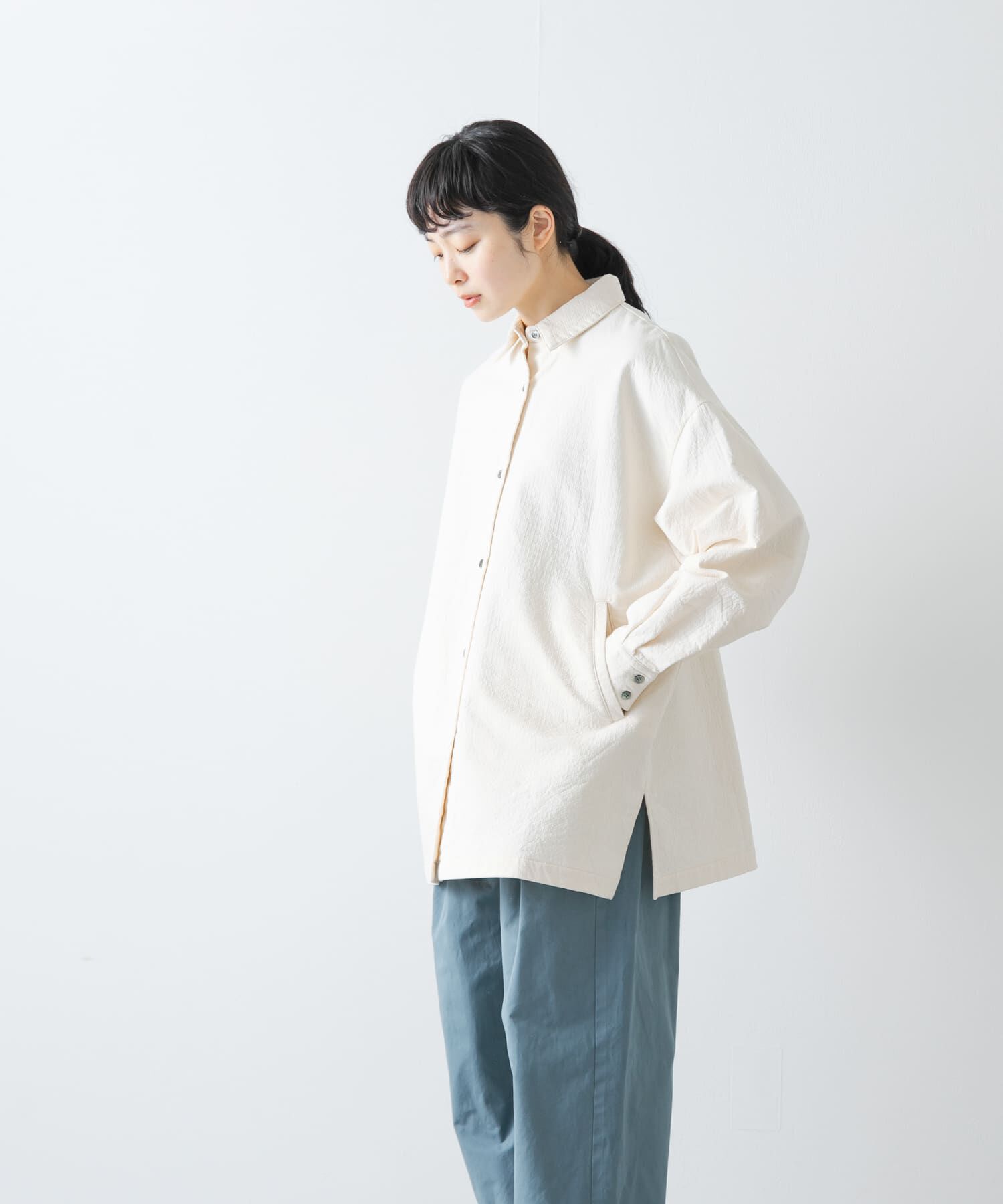 かぐれ「コットンドビージャケット」|ノーカラーコート|