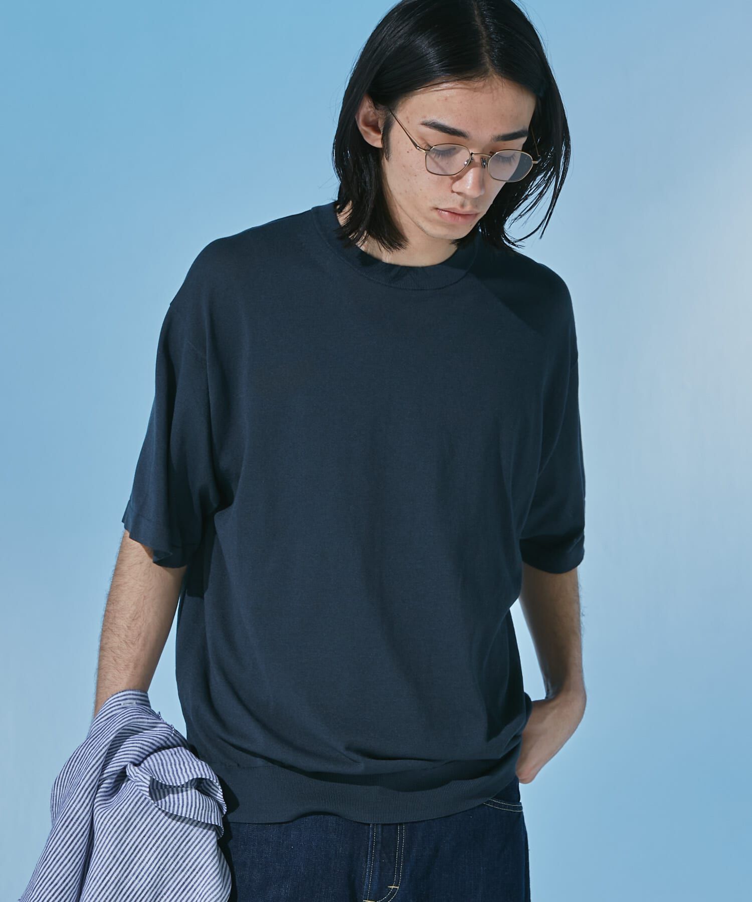 URBAN RESEARCH DOORS「『UR TECH』サマシェア クルーネックニット」|ニット・セーター|ネイビー