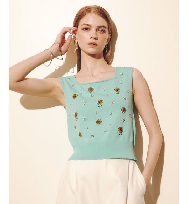 LOULOU WILLOUGHBY「WEB 一部店舗限定【LOULOU WILLOUGHBY】サンフラワービジュータンクトップ」|ニット・セーター|ターコイズ