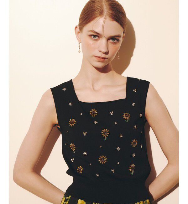 LOULOU WILLOUGHBY「WEB 一部店舗限定【LOULOU WILLOUGHBY】サンフラワービジュータンクトップ」|ニット・セーター|ブラック