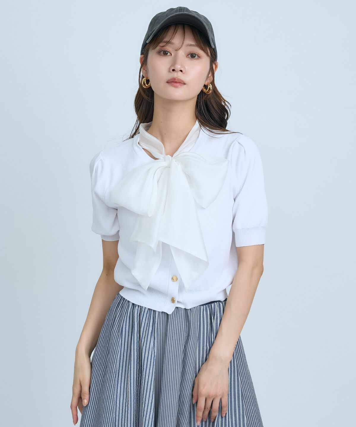 アンドクチュール「異素材リボン半袖ニットカーディガン」|カーディガン|