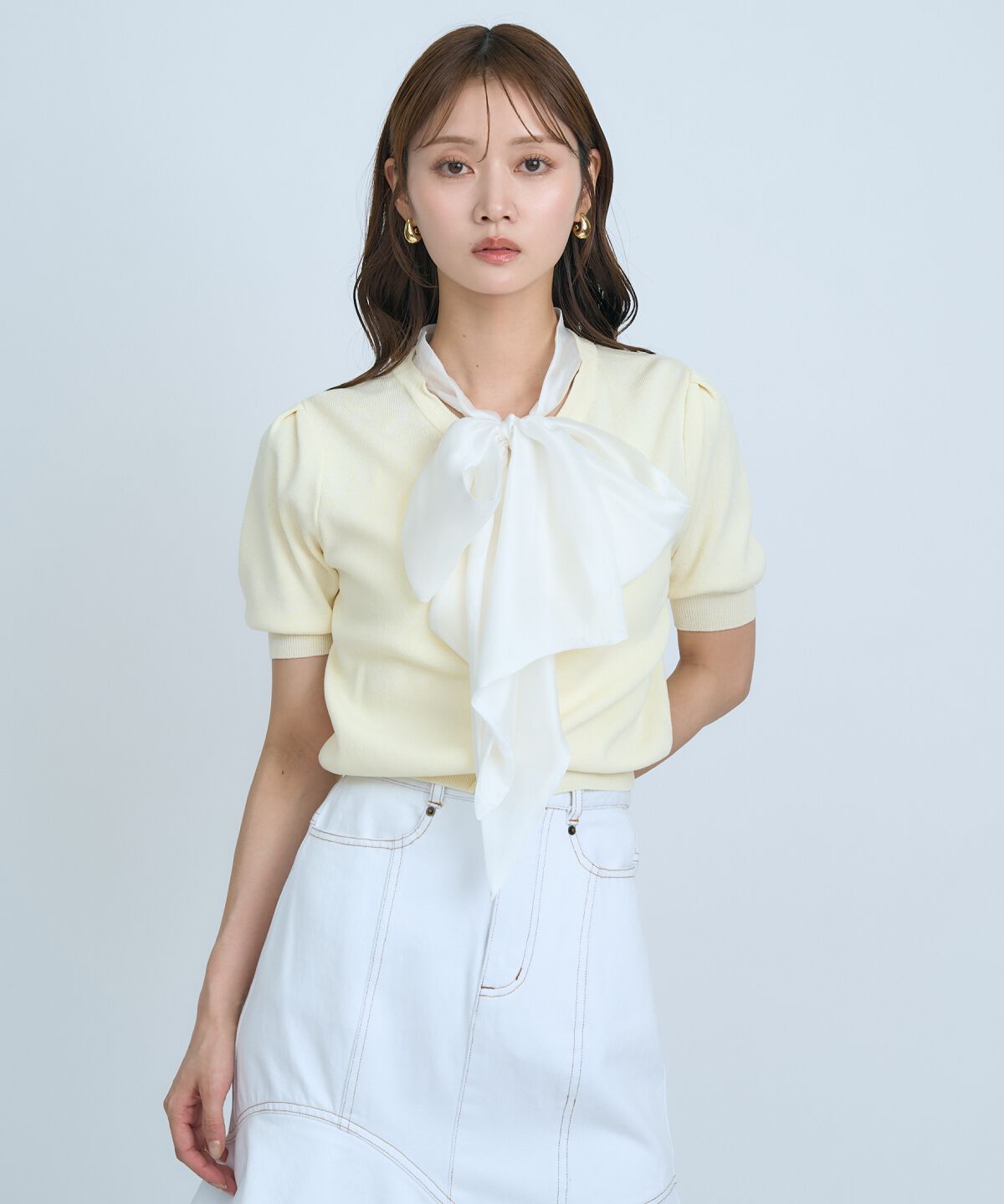 アンドクチュール「異素材リボン半袖ニットカーディガン」|カーディガン|