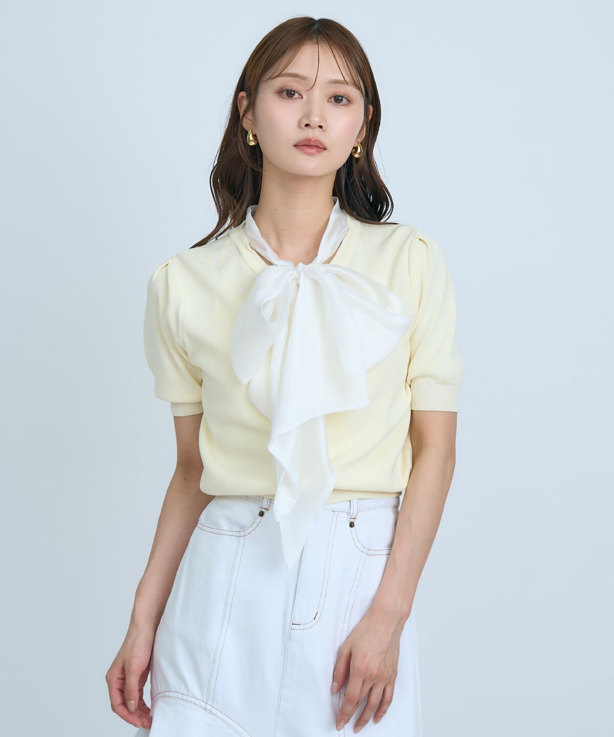 アンドクチュール「異素材リボン半袖ニットカーディガン」|カーディガン|