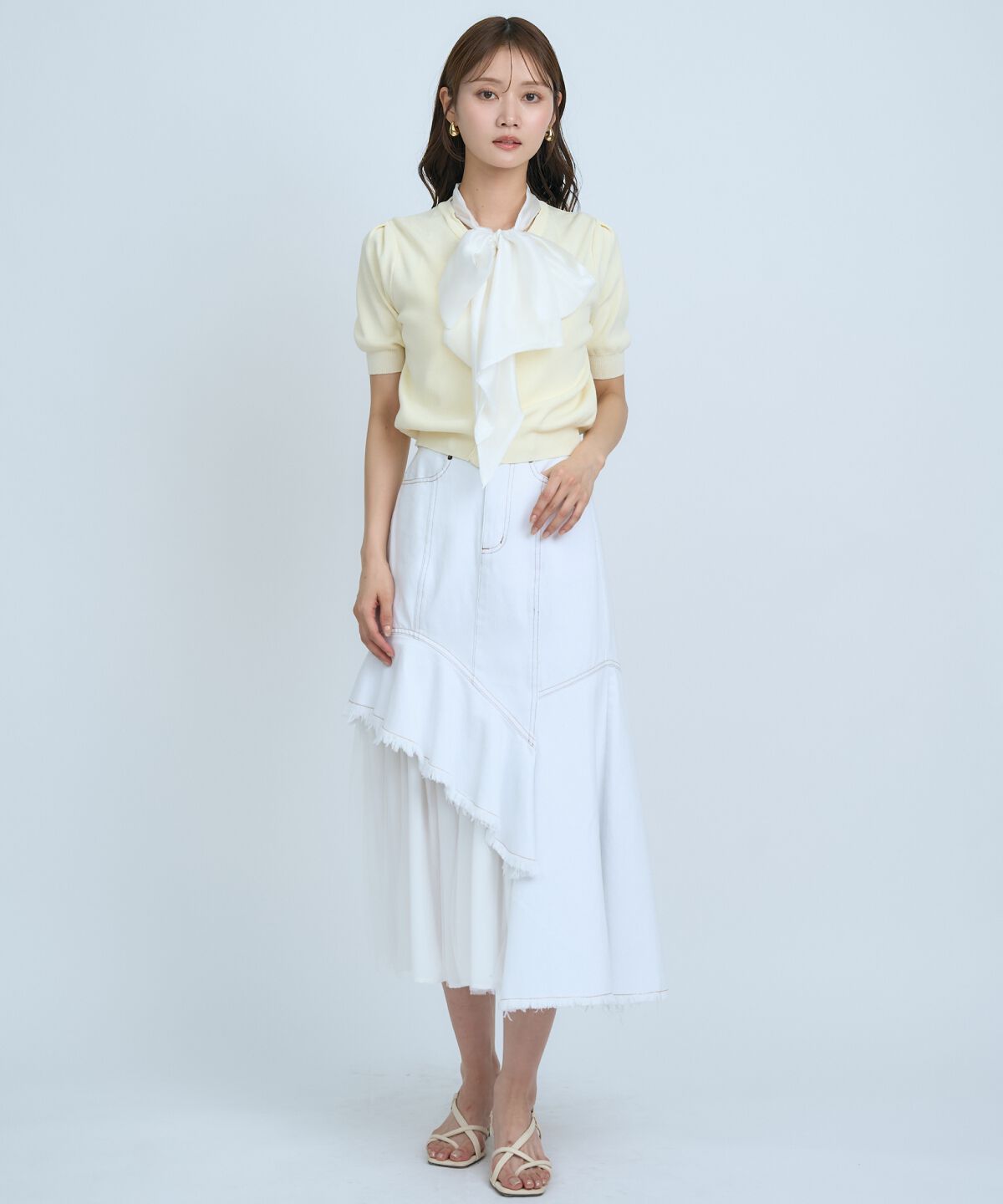 アンドクチュール「異素材リボン半袖ニットカーディガン」|カーディガン|