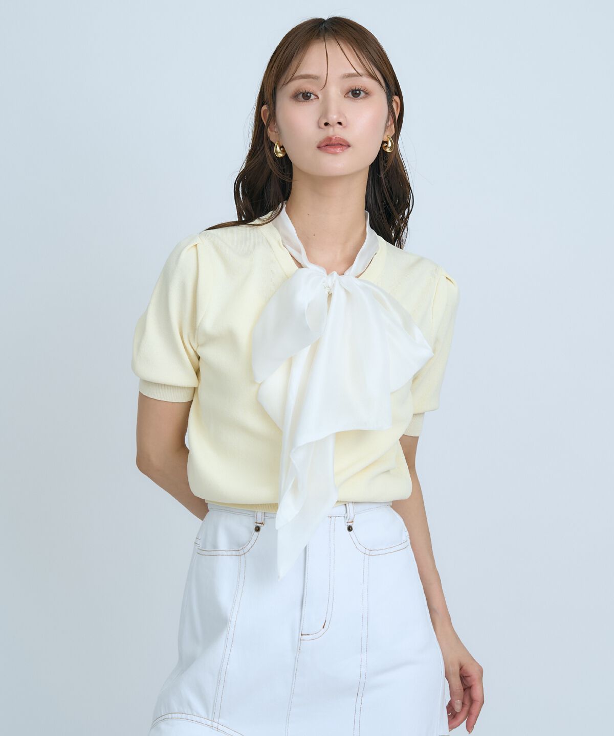 アンドクチュール「異素材リボン半袖ニットカーディガン」|カーディガン|