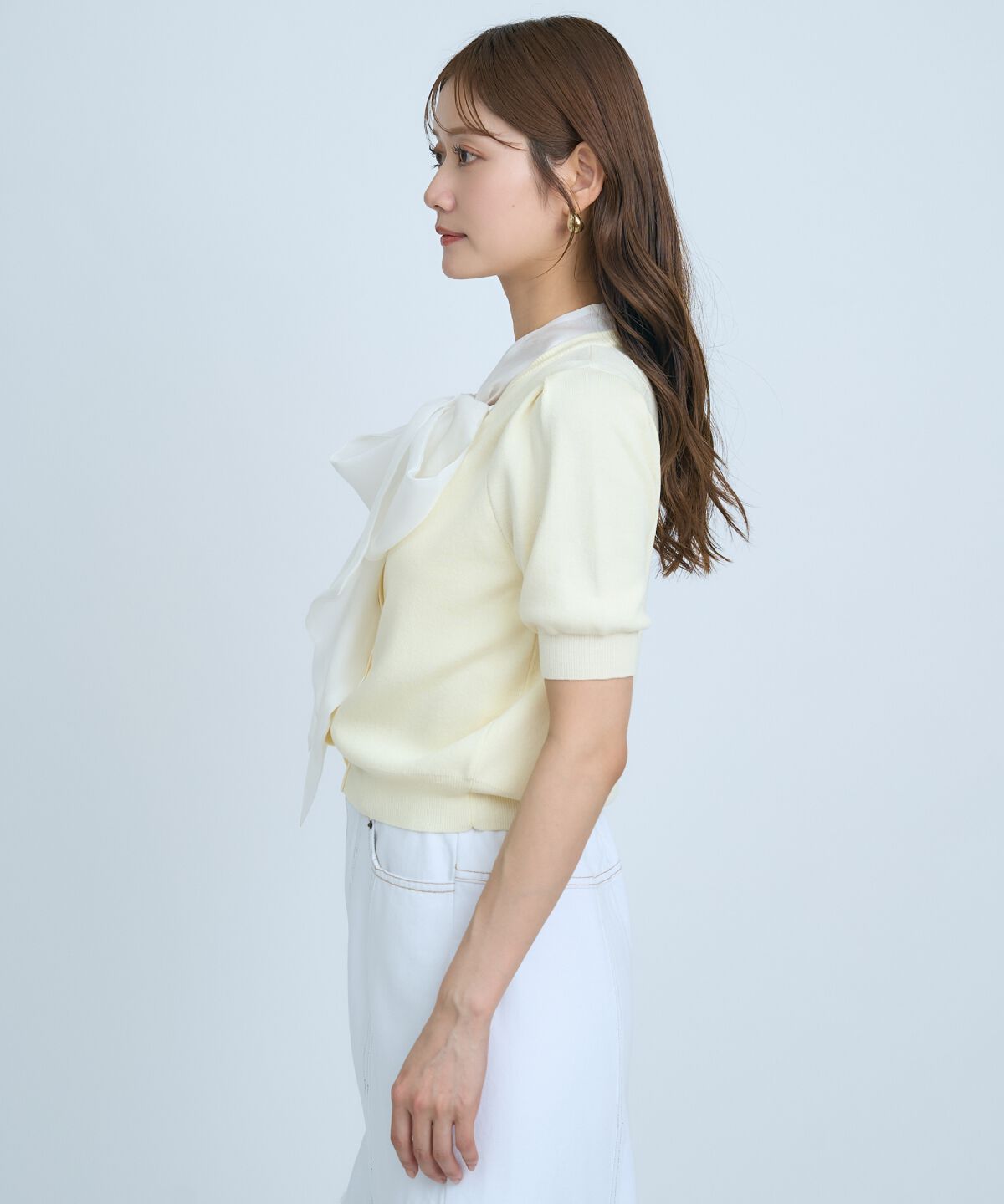 アンドクチュール「異素材リボン半袖ニットカーディガン」|カーディガン|