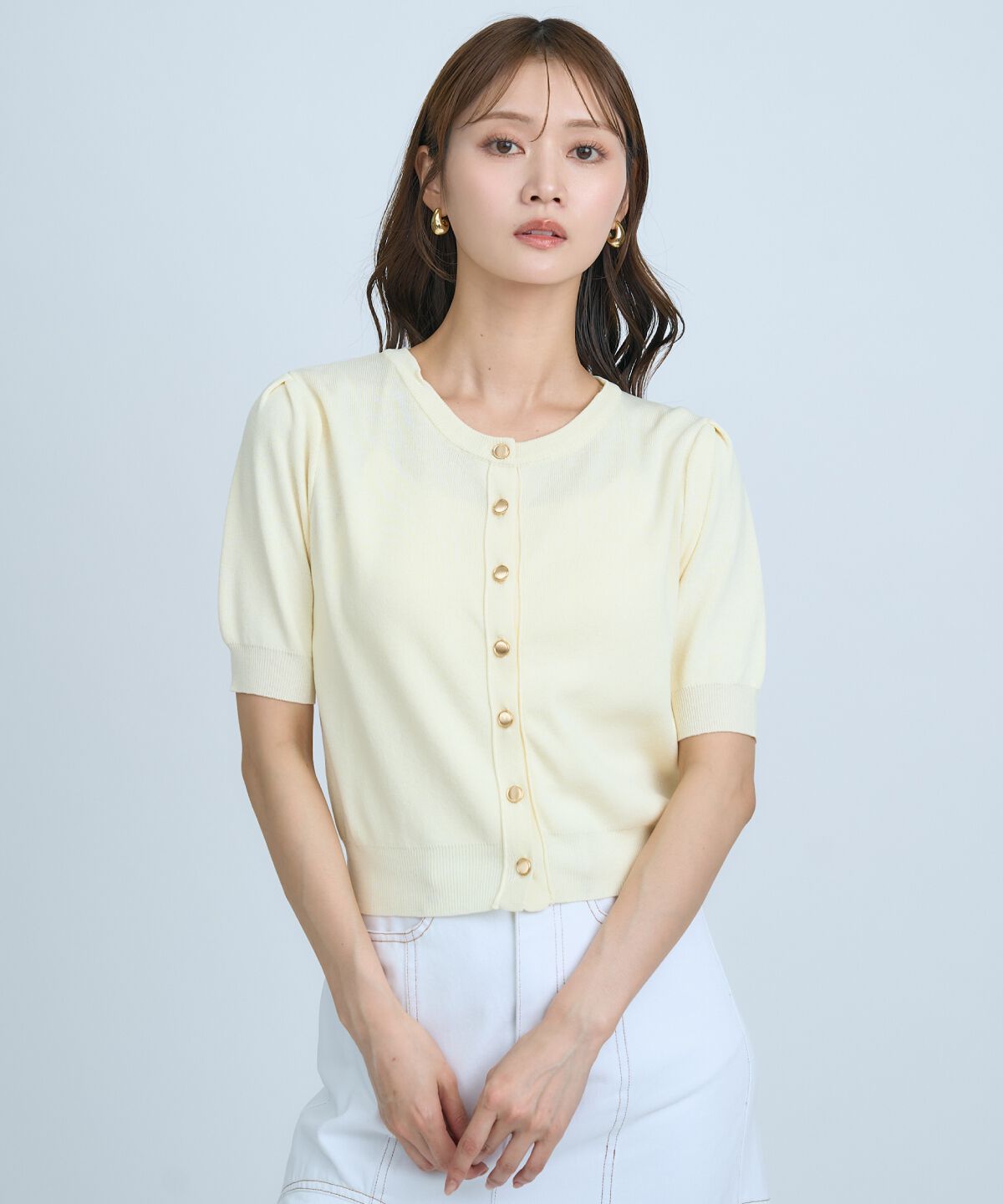 アンドクチュール「異素材リボン半袖ニットカーディガン」|カーディガン|