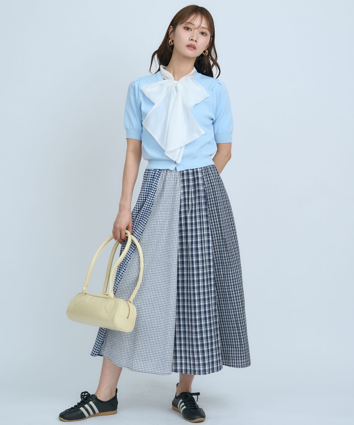 アンドクチュール「異素材リボン半袖ニットカーディガン」|カーディガン|