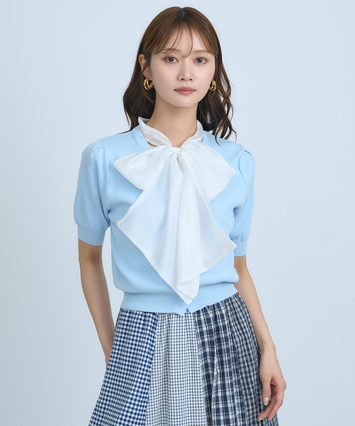 アンドクチュール「異素材リボン半袖ニットカーディガン」|カーディガン|