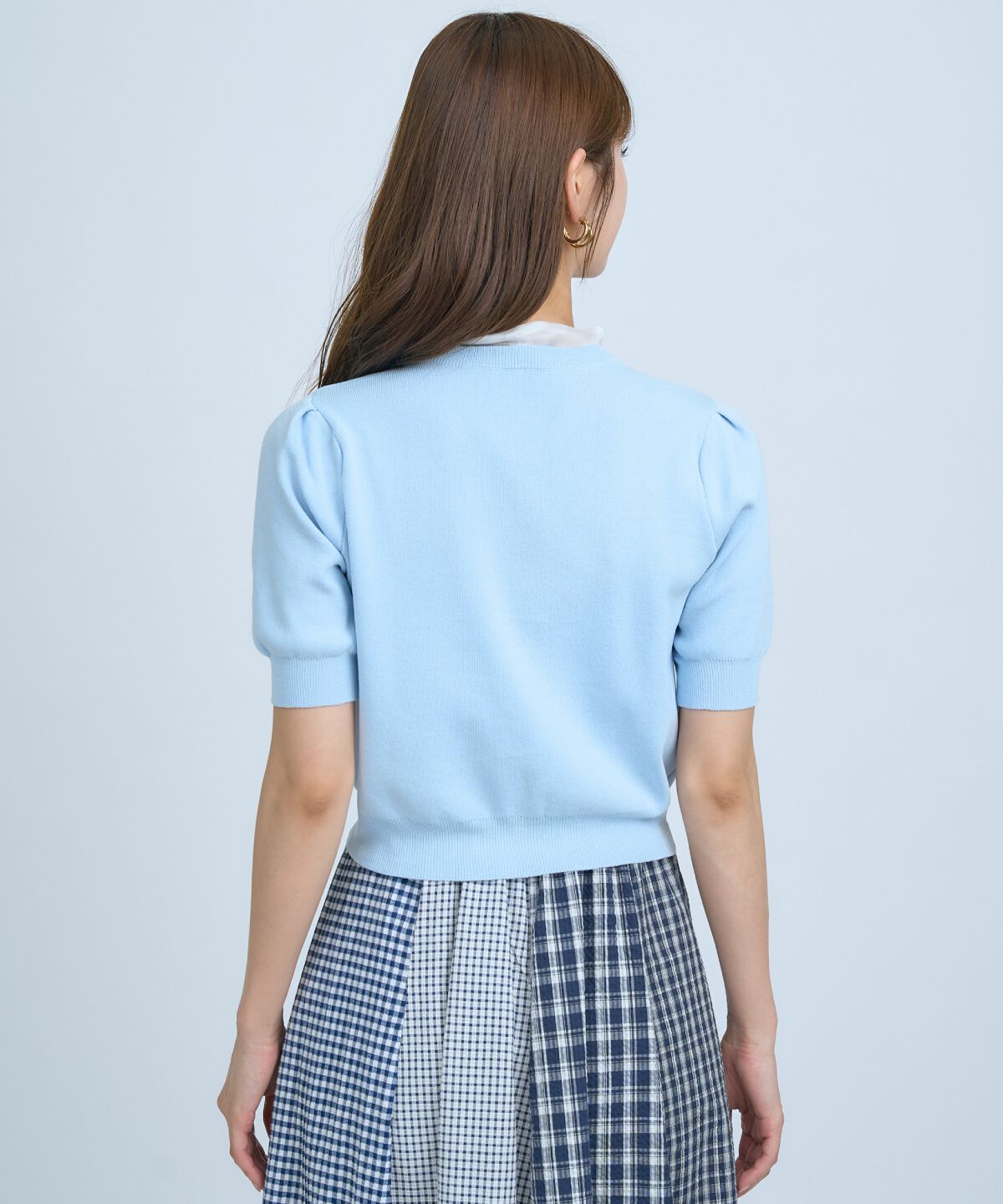 アンドクチュール「異素材リボン半袖ニットカーディガン」|カーディガン|