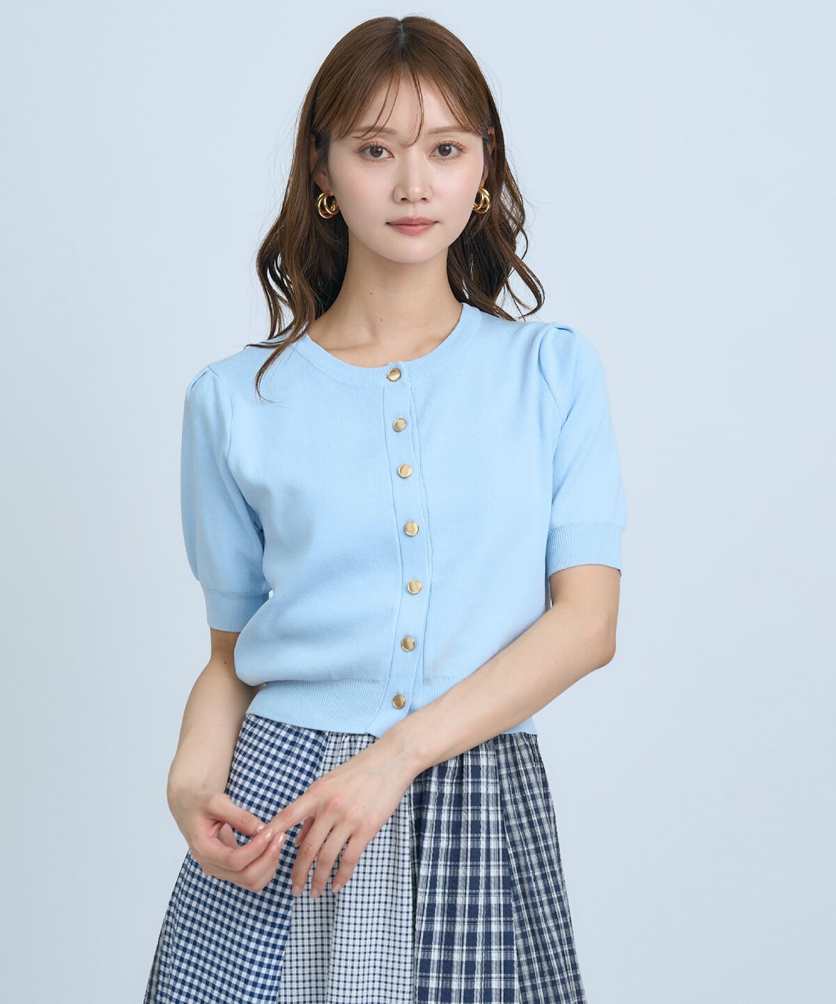 アンドクチュール「異素材リボン半袖ニットカーディガン」|カーディガン|