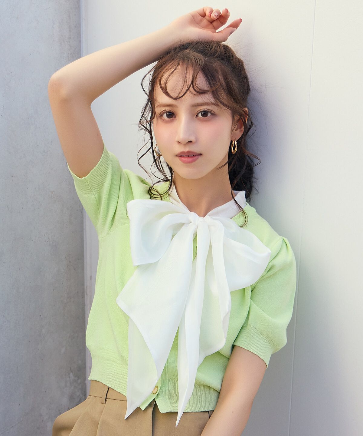 アンドクチュール「異素材リボン半袖ニットカーディガン」|カーディガン|グリーン