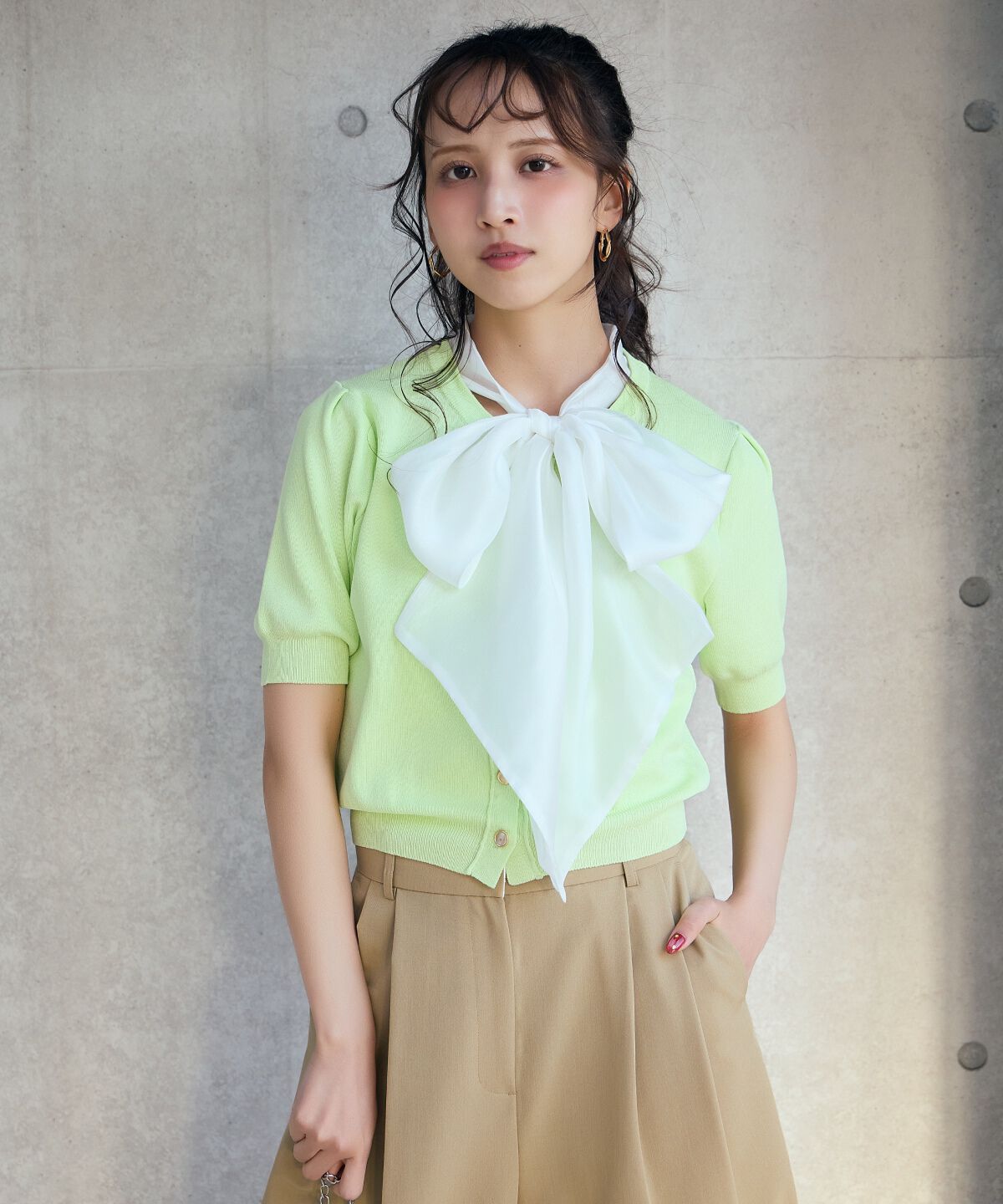 アンドクチュール「異素材リボン半袖ニットカーディガン」|カーディガン|