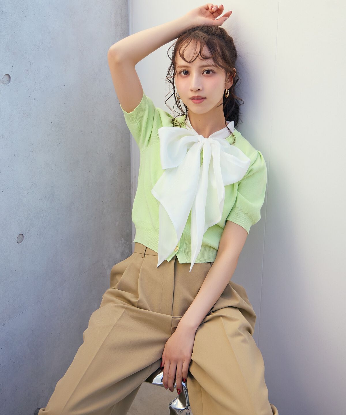 アンドクチュール「異素材リボン半袖ニットカーディガン」|カーディガン|