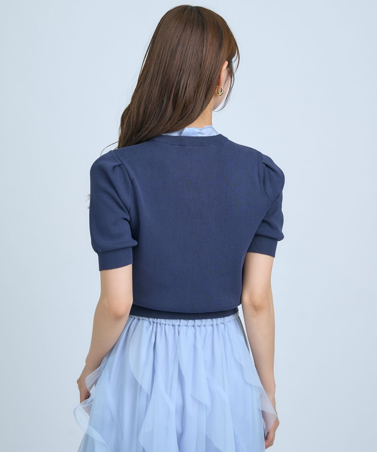 アンドクチュール「異素材リボン半袖ニットカーディガン」|カーディガン|