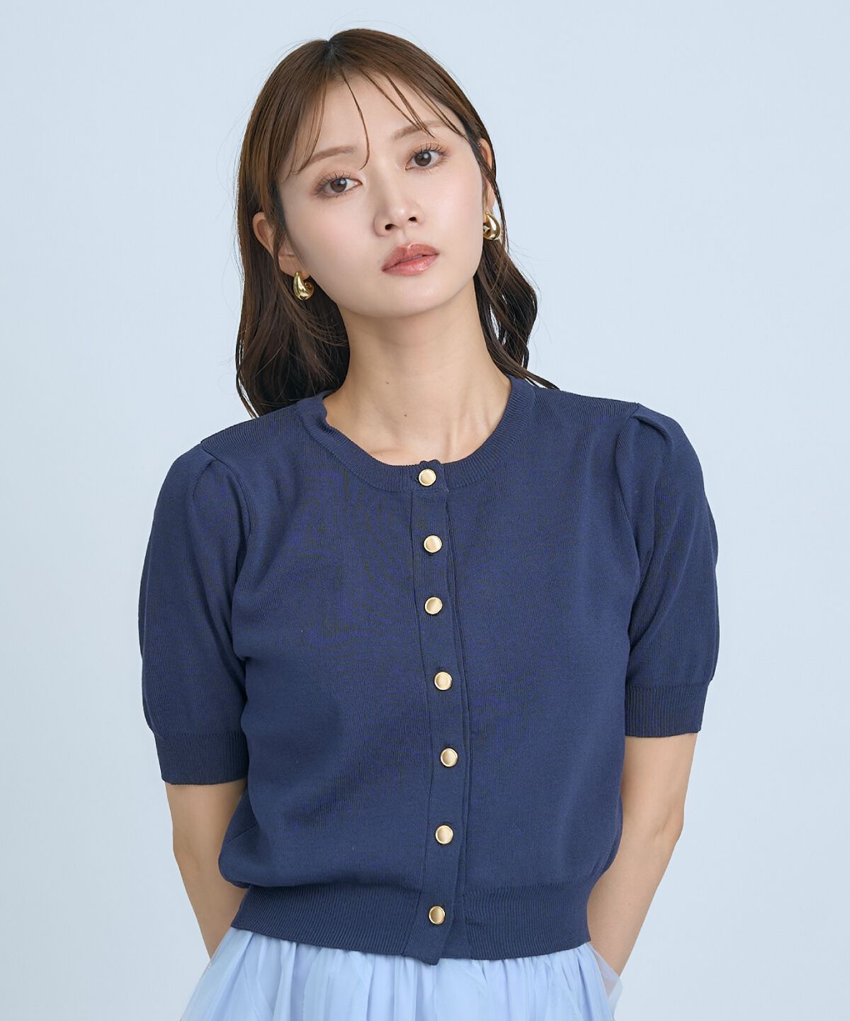 アンドクチュール「異素材リボン半袖ニットカーディガン」|カーディガン|