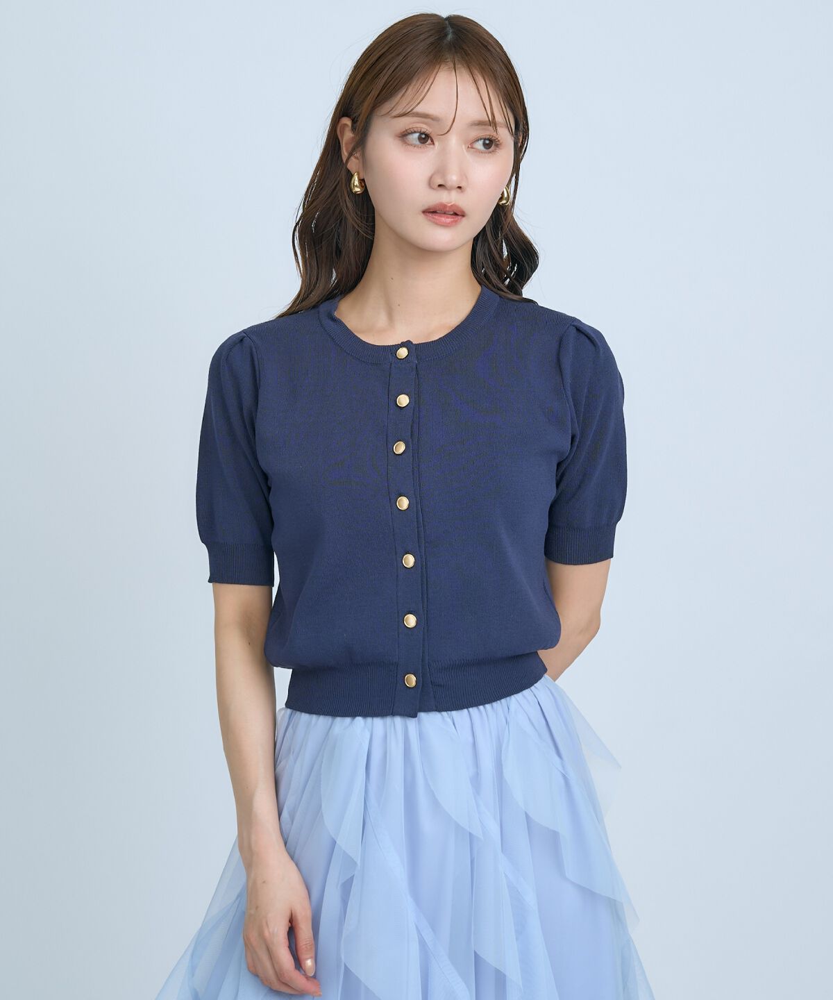 アンドクチュール「異素材リボン半袖ニットカーディガン」|カーディガン|