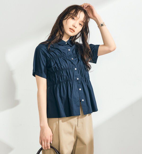 fredy emue「シャーリング半袖シャツ」|シャツ・ブラウス|ネイビー